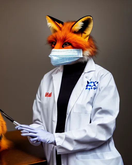 Image similar to photorealistic photo of anthropomorphic female fox animal dressed in labcoat, surgical mask covering mouth, putting on surgical gloves, fox animal, hospital in background, oil painting, 8 5 mm f / 1. 4