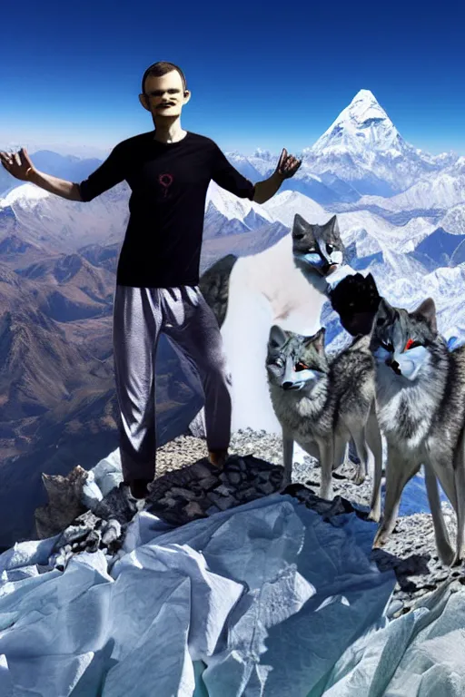 Prompt: vitalik buterin mountain climbing everest with wolves in pijamas