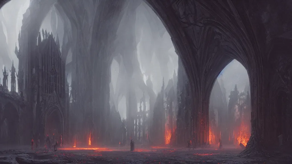 Prompt: a small obsidian gothic cathedral with a giant obsidian door and a dark grey path leading to it, in the elemental plane of fire, with rivers of lava surrounding it, Dungeon and Dragon illustration, painted by Greg Rutkowski, 4k, trending on ArtStation