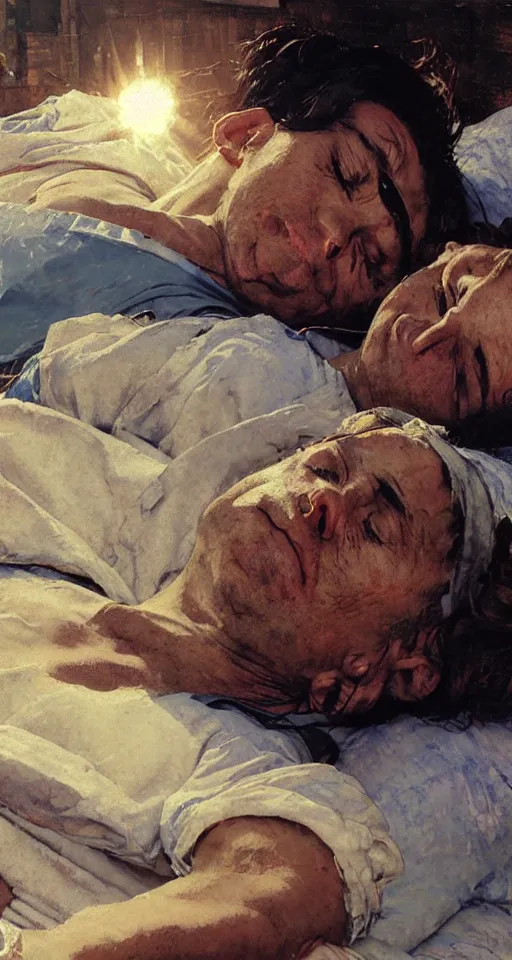 Image similar to close up of an exhausted surgeon asleep, sun shining, photo realistic illustration by greg rutkowski, thomas kindkade, alphonse mucha, loish, norman rockwell.