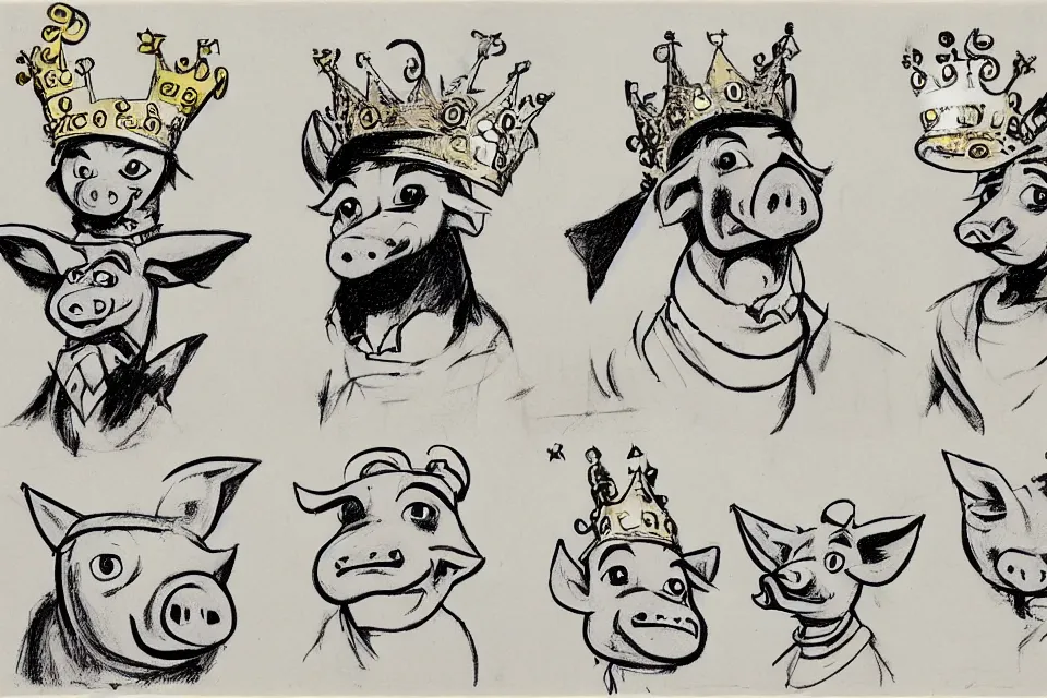 Prompt: concept sketches of a pig wearing a gold crown by jamie hewlett, in the style of 1930s cartoons