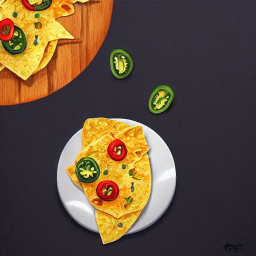 Image similar to ultra realistic illustration, isolated nachos with cheese and jalapeno, blank white background, highly detailed, digital painting, concept art, smooth, sharp