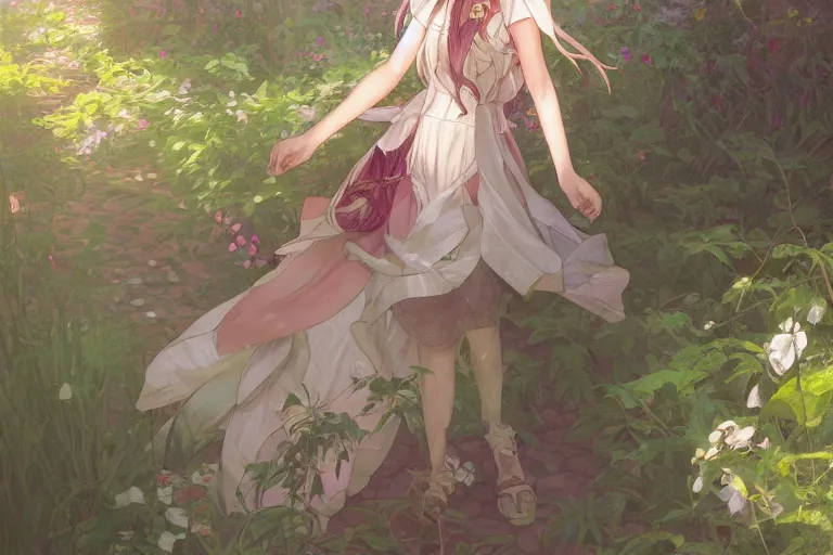 Image similar to a digital art of a loli with long hair in a dress in the privet garden at after noon, by krenz cushart and mucha and akihito yoshida and greg rutkowski and makoto shinkai, detailed eyes, 4 k resolution 、 trending on art station