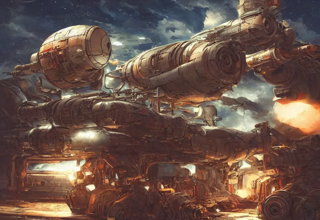 Image similar to old rusting cargo space ship, rusty work spaceship with bolted on upgrades and a glowing engine in deep space illustrated by greg tocchini, jesper ejsing and makoto shinkai