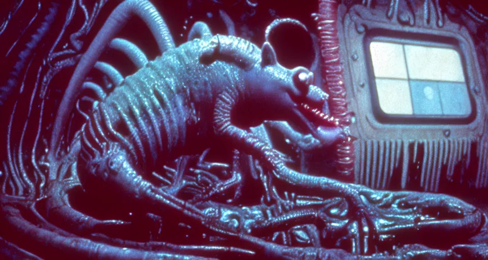 Image similar to peppa the pig infected by xenomorph from movie alien 1 9 7 9, staying at nostromo spaceship. extreme long shot, 4 k, cinestill, giger, hermann nitsch, dark colors