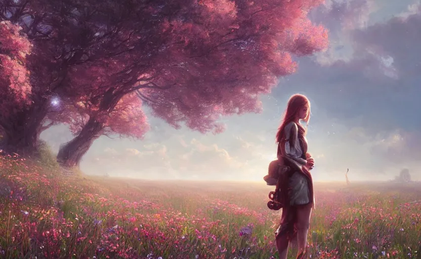 Prompt: detailed intricate digital illustration by greg rutkowski and artgerm and wlop and sanford robinson gifford ; girl standing in beautiful meadow with colorful flowers and puffy clouds in background ; 1 3 mm film, arri alfa anamorphic lens ; sharp focus, golden hour lighting, trending on artstation 4 k ; close view