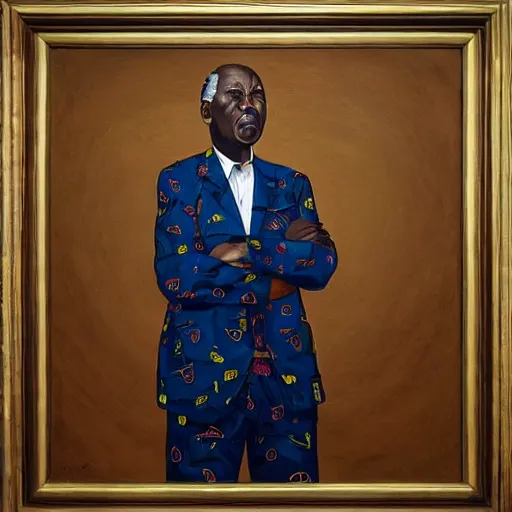 Image similar to a painting of a fatherly wide forehead, round face, XXL , loving, caring, generous, ever-present, humble, wise elder from Kenya in a suit by Kehinde Wiley . Fatherly/daddy, focused, loving, leader, relaxed,. ethereal lights, details, smooth, sharp focus, illustration, realistic, cinematic, artstation, award winning, rgb , unreal engine, octane render, cinematic light, macro, depth of field, blur, red light and clouds from the back, highly detailed epic cinematic concept art CG render made in Maya, Blender and Photoshop, octane render, excellent composition, dynamic dramatic cinematic lighting, aesthetic, very inspirational, arthouse.