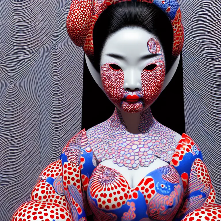 Image similar to hyperrealistic detailed image of a geisha in a art installation room, hd smooth interior by yayoi kusama, part by kei mieno, part by ross tran, dark art by james jean, ultra realistic, highly detailed, life like face, detailed body, 8 k, 3 d render by roger magrini, masterpiece