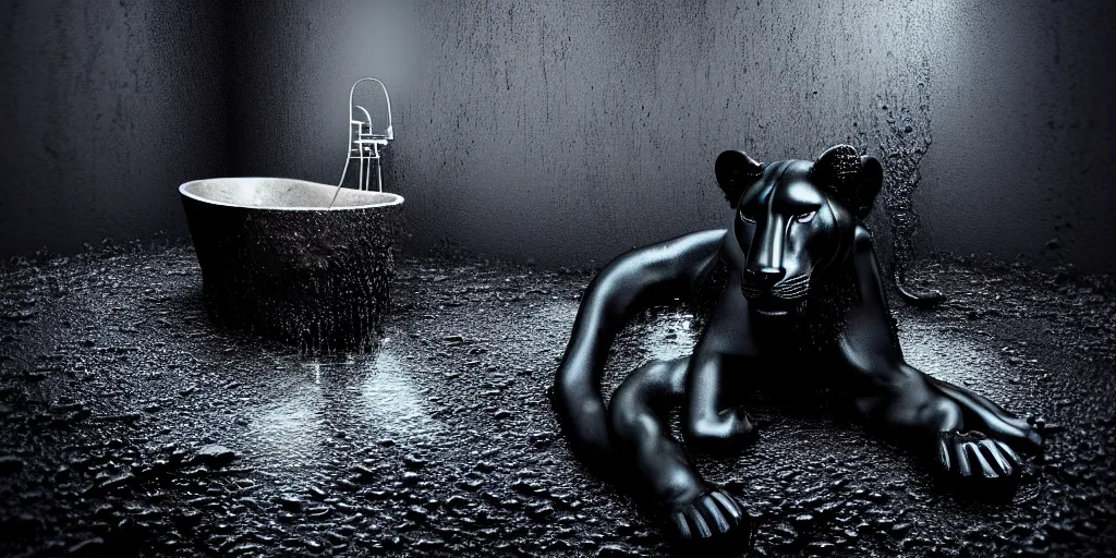 Image similar to the black lioness made of ferrofluid, bathing inside the bathtub filled with tar, dripping tar, drooling goo, sticky black goo, photography, dslr, reflections, black goo, rim lighting, cinematic light, chromatic, saturated, slime, modern bathroom, hyper realistic, 8 k resolution, unreal engine 5, raytracing