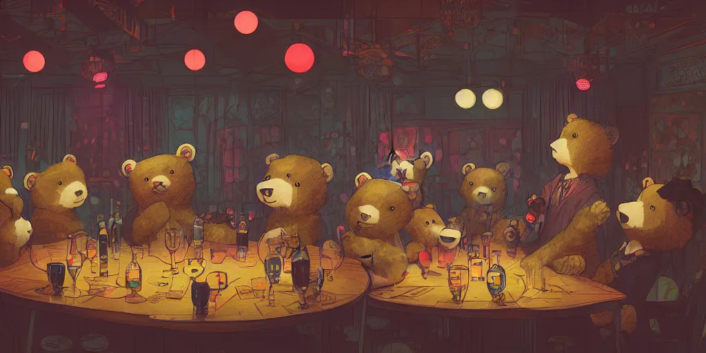 Prompt: a dark noisy english night club, several teddy bear wildly dancing and drinking on the table, dark retro lighting, darkly playful color scheme, intricate details, matte painting, illustration, by hayao miyazaki