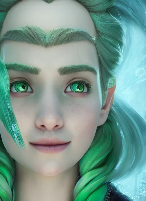 Image similar to portrait of elsa from frozen with green hair, hyper detailed, digital art, trending in artstation, cinematic lighting, studio quality, smooth render, unreal engine 5 rendered, octane rendered, art style by klimt and nixeu and ian sprigger and wlop and krenz cushart.