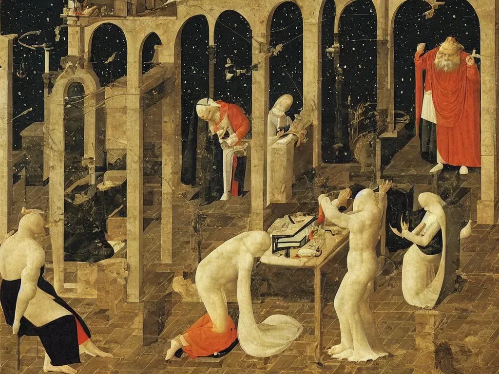 Prompt: obituary for an alchemist at night. painting by uccello paolo, piero della francesca