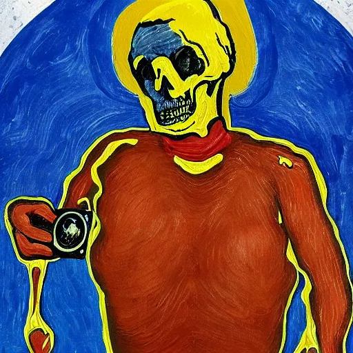 Prompt: selfie of the last surviving ukrainian, burning alive to the bone, wild pain and damage to the body, painted in dirty yellow - blue colors, against the backdrop of a huge nuclear explosion