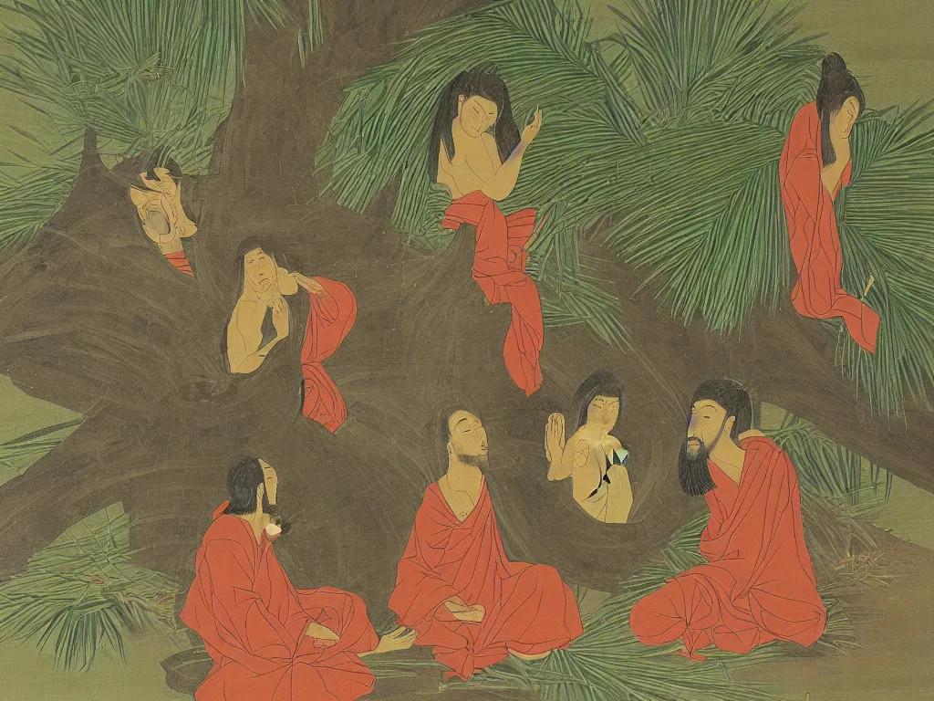 Prompt: Jesus and Buddha are taking cover from the rain under a giant palm leaf. Japanese Zen painting