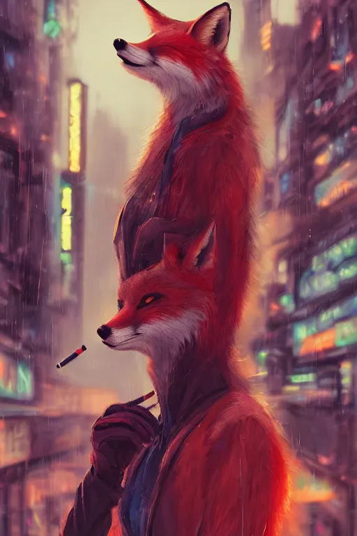 Image similar to beautiful portrait of a tall female anthro fox smoking a cigarette in a bustling crowd of a rainy city street, cyberpunk, harsh neon lights, highly detailed, sharp focus, digital painting, illustration, trending on artstation, art by sakimichan, artgerm