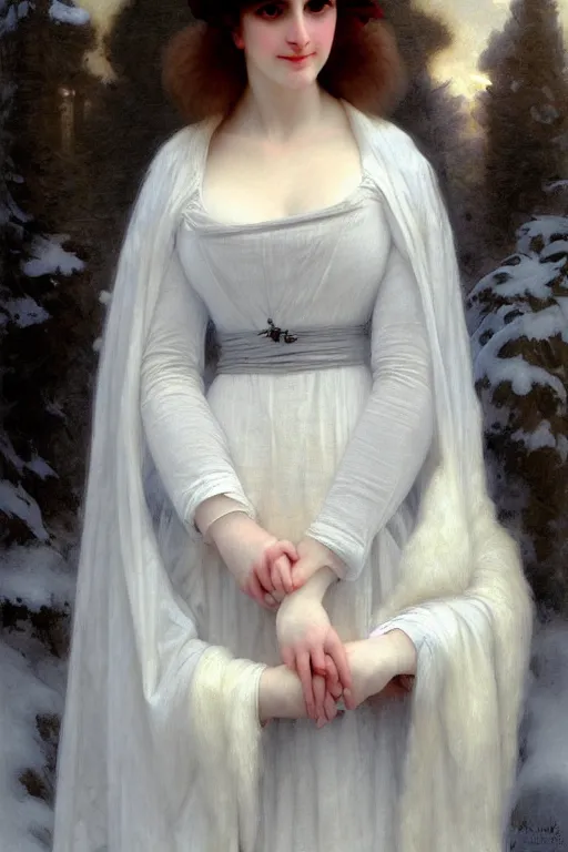 Prompt: snow lady in furry, painting by rossetti bouguereau, detailed art, artstation