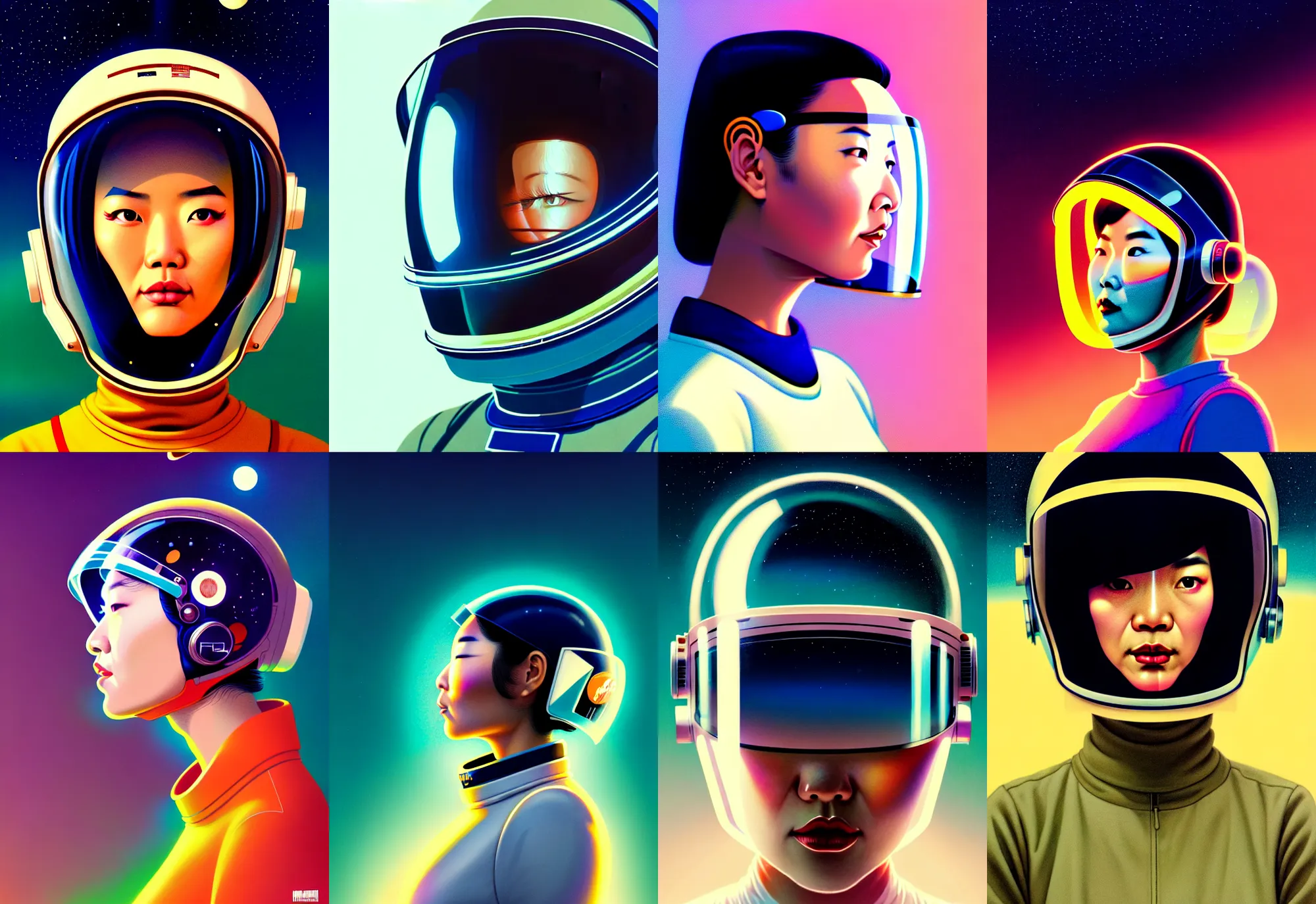 Prompt: retrofuturistic portrait of an asian woman in astronaut helmet, smooth transparent visor, reflective gradient, detailed space graphics in background, close up, quint buchholz, wlop, dan mumford, artgerm, liam brazier, peter mohrbacher, raw, featured on artstation, octane render, cinematic, elegant, intricate, 8 k