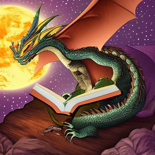 Image similar to dragon reading book under the stars, digital art