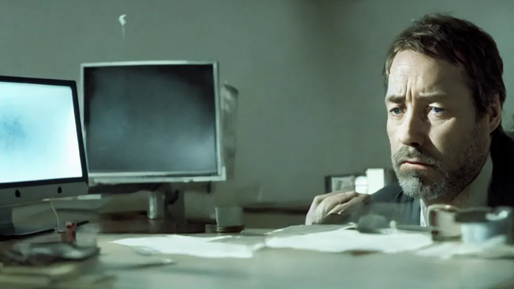 Prompt: man bleary eyed at a computer not able to sleep, film still from the movie directed by Denis Villeneuve with art direction by Salvador Dalí, wide lens