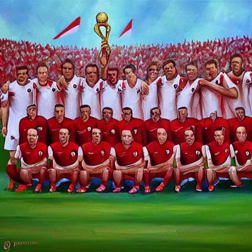 Image similar to polish football national team winning World Cup oil painting