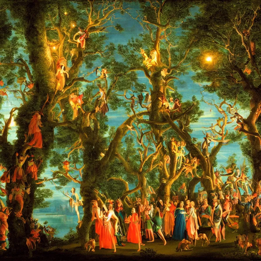 Prompt: a night carnival around a magical tree cavity, with a surreal orange moonlight and fireworks in the background, next to a lake with iridiscent water, christmas lights, folklore animals and people disguised as fantastic creatures in a magical forest by summer night, masterpiece painted by pompeo girolamo batoni, dark night environment