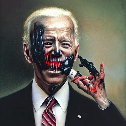 Image similar to presidential portrait of joe biden with oily black fluid pouring from mouth and nose as slenderman, by beksinski, jon mcnaughton, and stephen gammell