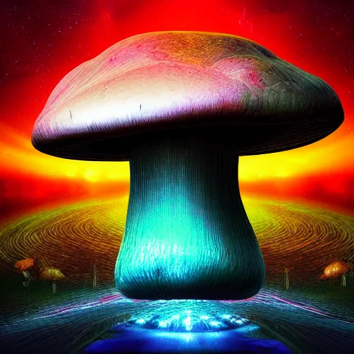 Image similar to mushroom ufo logo on black background, 3d, trippy glitched digital art, artstation, cgsociety