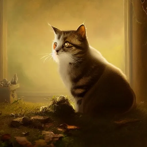 Prompt: a cat in a world full of ghosts, professional photo, professional lighting, trending on artstation, hdr, by albert bierstadt, well detailed, horror