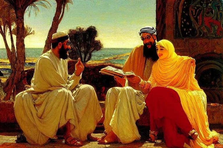 Image similar to the prophet mohammed reading salman rushdies book the satanic verses with a woman, being delighted and cheerful, whispering words of wisdom to her in solidarity with the author, painted by frederick arthur bridgman, oil on canvas