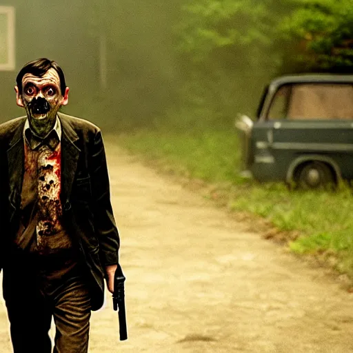 Image similar to mr. bean as zombie in the walking dead. movie still. cinematic lighting.