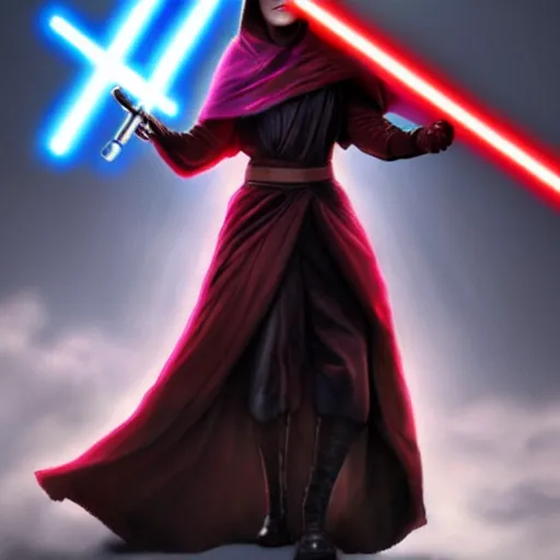 Image similar to emma watson as a sith lord with a cloak and a lightsaber, commissioned fan art