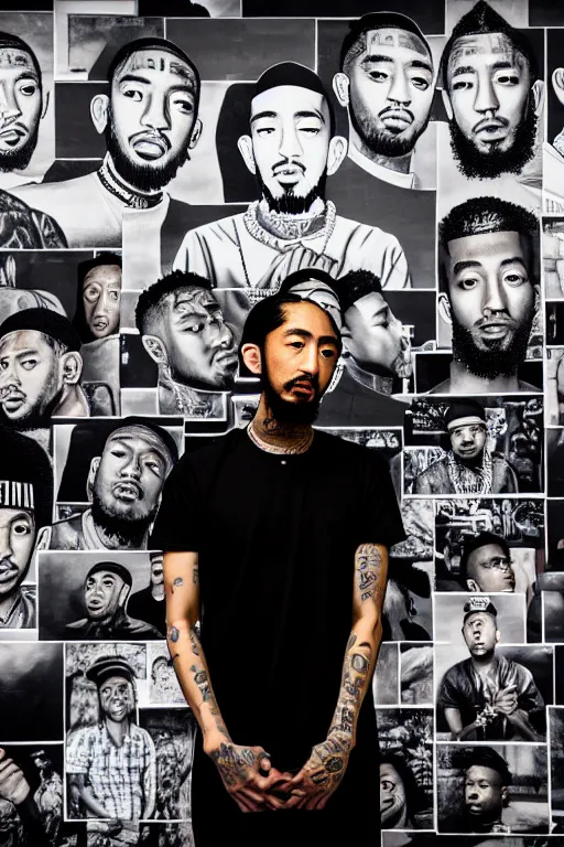 Image similar to asian guy stand in front of wall full of black rapper nipsey hussle mural, photorealistic, smooth, 4 k, aesthetic lighting, baroque object, sharp focus, hyperdetailed, professional photography, pullitzer winning, photo by : canon eos 5 d mark iv, by karah mew and adnan abidi and jodie bateman