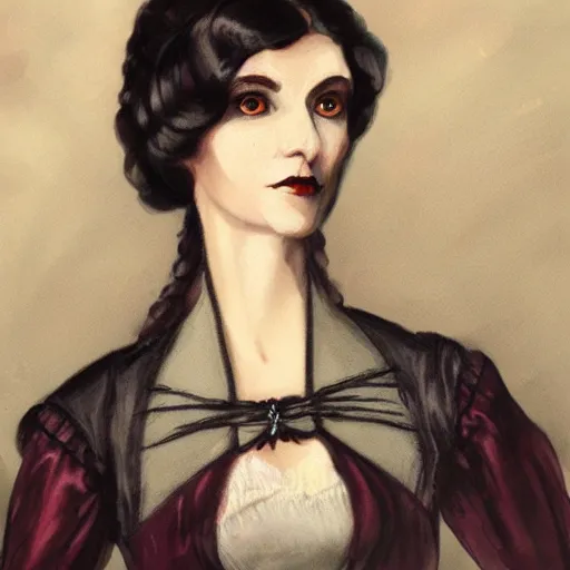 Image similar to head and shoulder professional portrait of a victorian female vampire, painted in the style of bloodborne, muted colors, vampire fashion