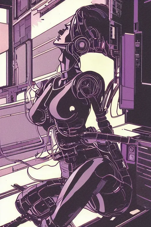 Image similar to a perfect cyberpunk illustration of a female android seated on the floor in a tech labor, seen from the side with her body open showing cables and wires coming out, by masamune shirow and katsuhiro otomo, japan, 1980s, dark, colorful