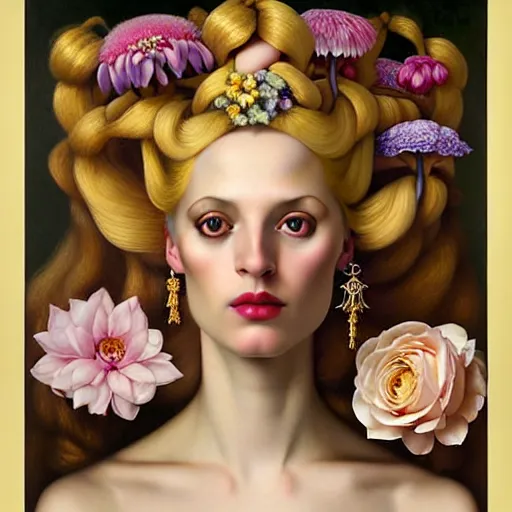 Image similar to centered portrait composition, woman with blonde hair full of spring flowers wearing ornate earrings, ornate gilded details, pastel colors, a surrealist painting by tom bagshaw and jacek yerga and tamara de lempicka and jesse king, wiccan, pre - raphaelite, featured on cgsociety, pop surrealism, surrealist, dramatic lighting