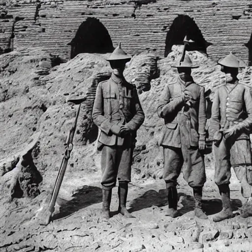 Image similar to ultra detailed photorealistic sepia - toned photograph from 1 9 1 7, three british soldiers standing at an archaeological dig site in wadi rum, ultra realistic, painted, intricate details, lovecraft, atmospheric, dark, horror, brooding, highly detailed, by clyde caldwell