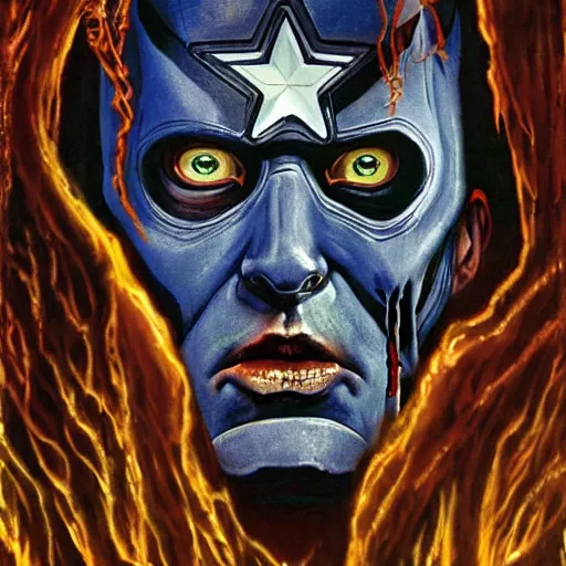 Prompt: masterpiece closeup portrait of captain america zombie d in a surreal dream landscape, cinematic lighting, Michael Whelan