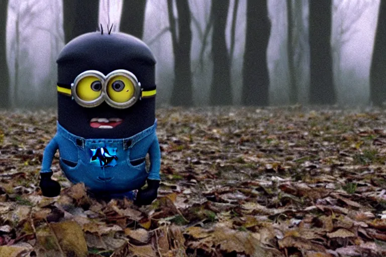 Prompt: a vhs still of a minion in blair - witch project ( 1 9 9 9 ), real life, chromatic abberation, low saturation, cinematic, detailed, move still, ultra realistic face, accurate, 8 k, hd