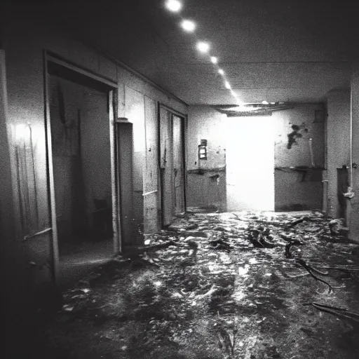 Image similar to pov of a person stuck in the backrooms, with dim lights, a trail of blood, and a corpse.