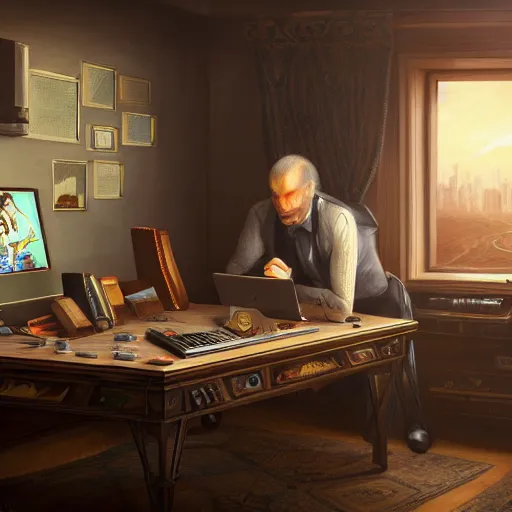 Image similar to realistic rich man using laptop in gaming room, artstation trends, future concept art, highly detailed, intricate, sharp focus, digital art, 8 k