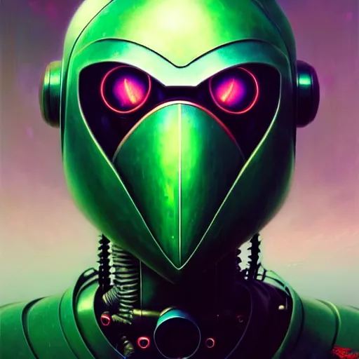 Prompt: low angle shot of a cyberpunk gazmask robot character wearing a gazmask, green eyes, intricate, elegant, highly detailed, centered, digital painting, artstation, concept art, smooth, sharp focus, illustration, artgerm, Tomasz Alen Kopera, Peter Mohrbacher, donato giancola, Joseph Christian Leyendecker, WLOP, Boris Vallejo