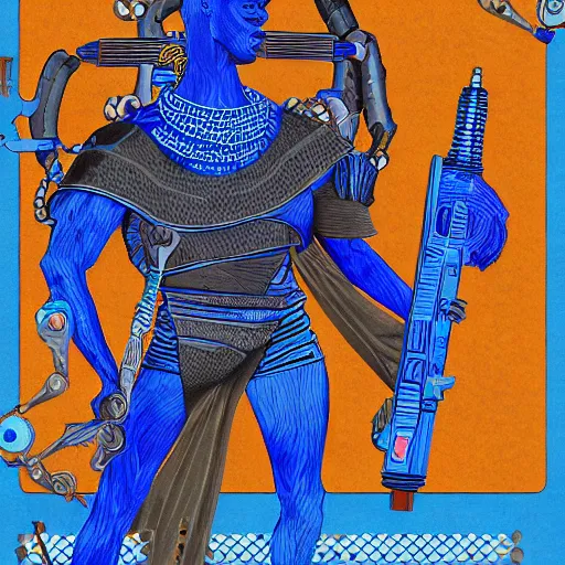 Image similar to a realistic portrait of the african god of the war and technology ogun with cyberpunk and afrofuturist weapons wearing blue, highly detailed, afrofuturist, cyberpunk, photorealistic.