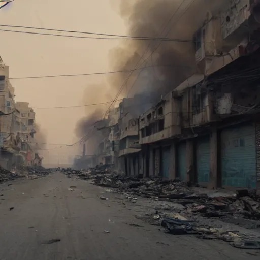 Prompt: a Film still of Karachi streets abandoned, on fire, dramatic, 4k, in the new Christopher Nolan movie