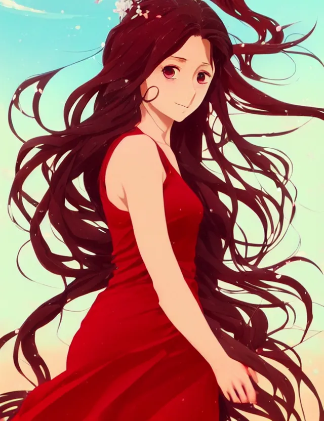 Image similar to a ultradetailed beautiful panting of rin tohsaka with flowing hair, 1 / 4 portrait, by conrad roset, greg rutkowski and makoto shinkai, rin, red dress, fate, trending on artstation