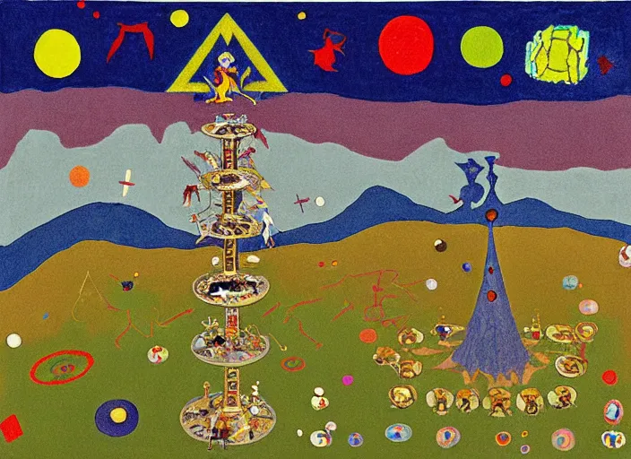 Image similar to pixel decollage painting tarot lovers card composition tower of babel road red armor wonky alien frog and maggot vampire clown knight on a skeleton pale horse in a dark green cloudy night sky with golden foil jewish stars and diamonds, mountain lake and blossoming field in background, painted by Mark Rothko, Helen Frankenthaler, Danny Fox and Hilma af Klint, pixelated, neo expressionism, semi naive, pastel colors, cinematic, color field painting, cave painting, voxel, pop art look, outsider art, minimalistic. Bill Traylor painting, part by Philip Guston, Amano and Francis Bacon. art by Adrian Ghenie and Storm Thorgerson, very coherent symmetrical artwork, cinematic, hyper realism, high detail, octane render, unreal engine, Smooth gradients, depth of field, full body character drawing, extremely detailed, 8k, extreme detail, intricate detail, masterpiece