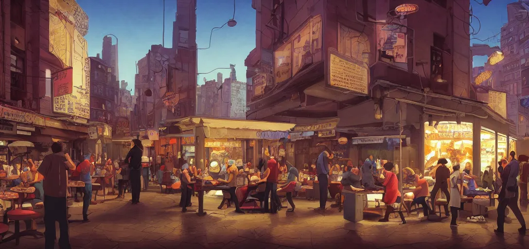 Prompt: poster by Michael Whelan and Tomer Hanuka, rendering of people inspecting pizza, full of details, by Makoto Shinkai and thomas kinkade, Matte painting, trending on artstation and unreal engine