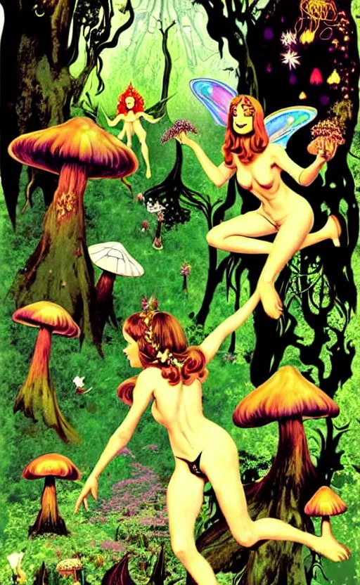 Image similar to psychedelic fairies in an enchanted forest with mushrooms on the ground wide angle shot, white background, vector art, illustration by frank frazetta and salvador dali