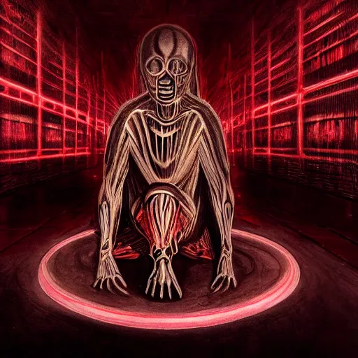 Image similar to highly detailed dark god sit on the tron, surreal, night, death, fear, horror, giger, hyperrealism, detailed and intricate environment