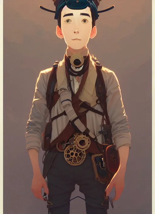 Image similar to detailed portrait of beautiful male steampunk traveller, by cory loftis, atey ghailan, makoto shinkai, hasui kawase, james gilleard, beautiful, peaceful, calm