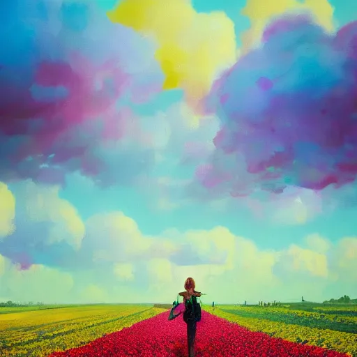 Prompt: woman with blooming flower face, standing in flower field, surreal photography, sunrise, impressionist painting, colorful clouds, artstation, dali, simon stalenhag